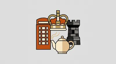 Flat illustration of a red phone booth, a gold crown, a stone castle tower, and a steaming teapot on a gray background