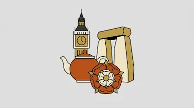 Flat illustration of a clock tower, a stone monument, a teapot, and a Tudor rose on a plain grey background