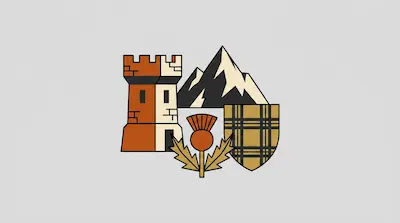 Flat illustration of a castle tower, snowy mountains, a thistle, and a plaid shield on a light gray background