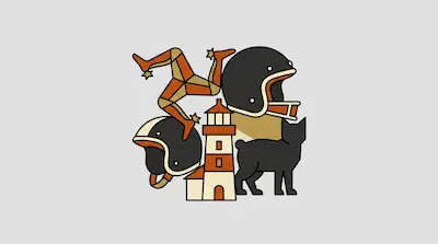 Flat illustration of a triskelion, two motorcycle helmets, a lighthouse, and a black cat on a light gray background