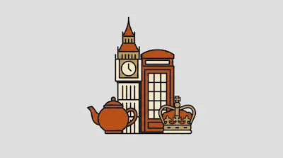 Flat illustration of a clock tower, a red telephone booth, a teapot, and a crown on a light gray background