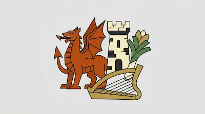 Flat illustration of a red dragon, a stone castle tower, a leek, and a golden harp on a light gray background