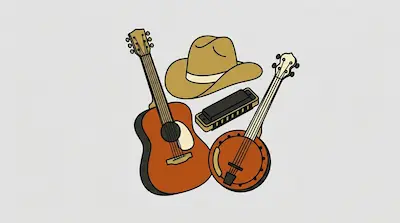 Flat illustration of a cowboy hat, acoustic guitar, banjo, and harmonica in warm tones on a light gray background