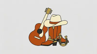 Flat illustration of an acoustic guitar, a white cowboy hat, brown boots with spurs, and a golden horseshoe