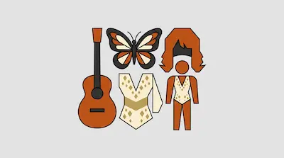 Flat illustration of a guitar, a butterfly, and a human figure in a sequined outfit on a light gray background