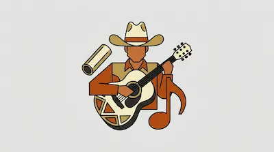 Flat illustration of a faceless cowboy in a hat playing an acoustic guitar with a large musical note and a harmonica