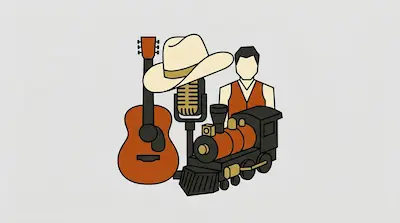 Flat illustration of a country singer with a cowboy hat, an acoustic guitar, a microphone, and a steam locomotive train.