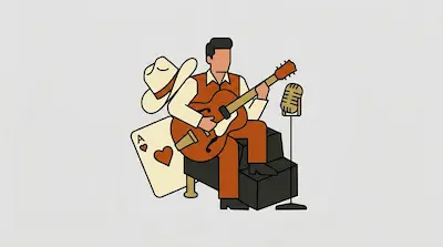Flat illustration of a man playing a guitar next to a cowboy hat, an ace of hearts card, and a vintage microphone
