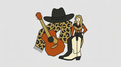 Flat illustration of a country singer with a guitar, a black cowboy hat, and a leopard print scarf on a gray background