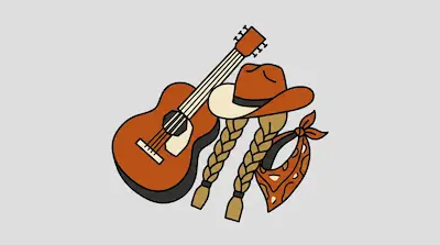 Flat illustration of an acoustic guitar, a cowboy hat with blonde braids, and a patterned bandana on a gray background
