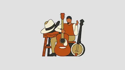 Flat illustration of a musician sitting with an acoustic guitar, a banjo, and a cowboy hat on a stool