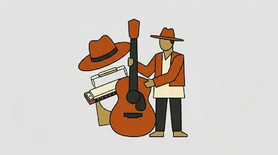 Flat illustration of a musician in a hat holding a large guitar next to a harmonica on a light gray background