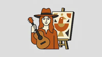 Flat illustration of a person in a hat holding a guitar next to an easel with a bird painting on a gray background