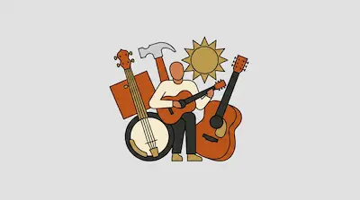 Flat illustration of a man playing guitar surrounded by a banjo, a hammer, and a sun icon on a gray background