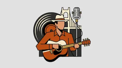 Flat illustration of a man in a hat playing guitar with a vinyl record, microphone, and bridge in the background