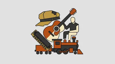 Flat illustration of a man sitting on a steam train with a guitar, a harmonica, and a cap on a gray background