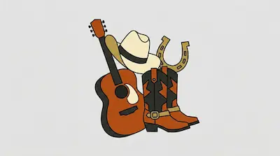 Flat illustration of a wooden acoustic guitar, a white cowboy hat, and leather boots with a golden horseshoe