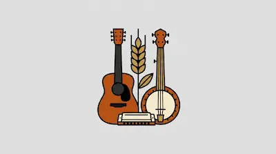 Flat illustration of a guitar, banjo, harmonica, and a stalk of wheat centered on a light gray background