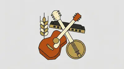 Flat illustration of a crossed guitar and banjo with a harmonica and a stalk of wheat on a light gray background