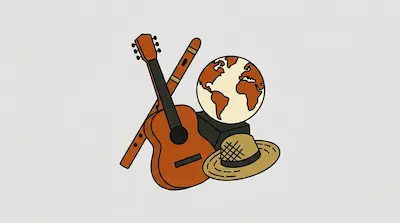 Flat illustration of a guitar, a flute, a globe, and a straw hat in warm brown tones on a light gray background