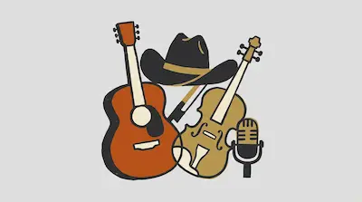 Flat illustration of an acoustic guitar, a fiddle, a black cowboy hat, and a vintage microphone on a gray background