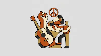 Flat illustration of a protest with a raised fist, a megaphone, a peace sign, and a guitar in orange and tan tones.