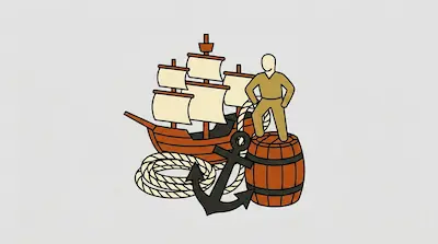 Flat illustration of a wooden sailing ship, a coiled rope, an anchor, and a man standing on a barrel