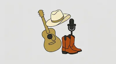 Flat illustration of a tan acoustic guitar, a white cowboy hat, brown boots, and a microphone on a light gray background