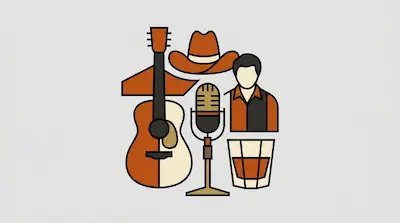 Flat illustration of a country singer, acoustic guitar, cowboy hat, and a glass of whiskey on a grey background