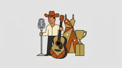 Flat illustration of a country singer with a guitar, a microphone, a sparkly dress, and a gold trophy on a grey background