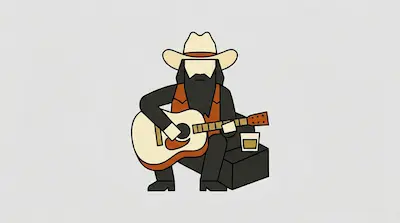 Flat illustration of a bearded cowboy in a hat playing an acoustic guitar next to a glass of whiskey