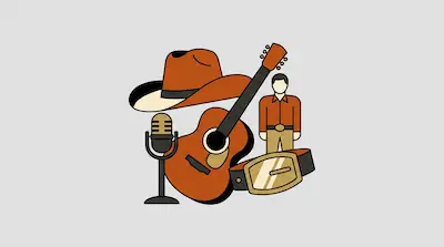 Flat illustration of a cowboy hat, an acoustic guitar, a microphone, and a male figure on a light gray background