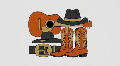 Flat illustration of country music items including an acoustic guitar, cowboy boots, a belt, and two black hats.