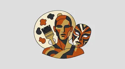 Flat illustration of a geometric man, a theatrical mask, and a paint palette in orange, black, and gold tones