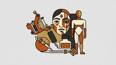 Flat illustration of a tattoo machine, a stylized face, and a human figure in orange, black, and cream tones.