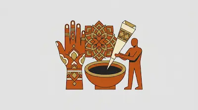 Flat illustration of a hand with henna patterns, a mandala, and a figure holding a cone over a bowl