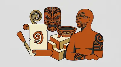 Flat illustration of a Maori man with facial tattoos, a carved wooden mask, and a scroll on a light grey background