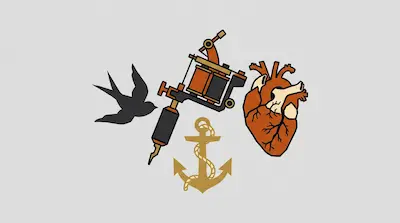 Flat illustration of a tattoo machine, a human heart, a bird silhouette, and a gold anchor on a light gray background