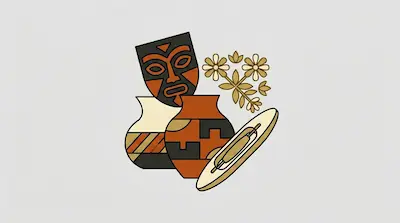 Flat illustration of a tribal mask, patterned ceramic pots, and a weaving shuttle on a light gray background