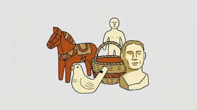 Flat illustration of a wooden horse, a woven basket, a bird figurine, and a human bust on a plain background