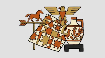 Flat illustration of a horse weather vane, a geometric quilt, and a ceramic jug with bird motifs on a gray background