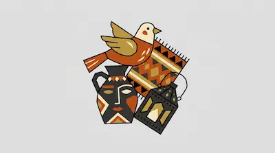 Flat illustration of a stylized bird, a patterned rug, a lantern, and a vase with a face on a light grey background