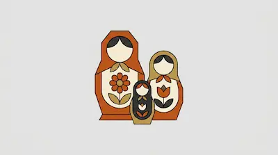 Flat illustration of three nesting dolls in orange and tan with floral patterns on a light gray background