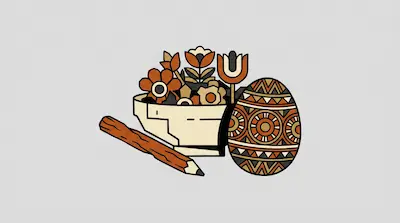 Flat illustration of a patterned Easter egg, a bowl of stylized flowers, and a pencil on a light gray background