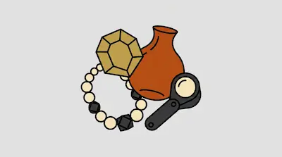Flat illustration of a large gold gem, a clay vase, a beaded necklace, and a magnifying glass on a gray background