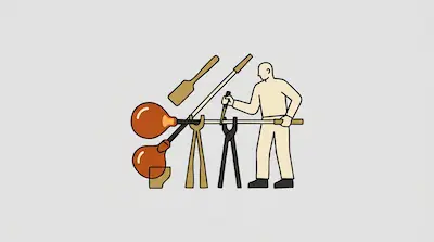 Flat illustration of a glassblower shaping glowing orange glass with metal tools and rods on a gray background