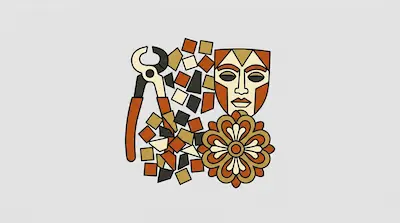 Flat illustration of a mosaic mask, a floral pattern, and tile nippers with scattered geometric pieces on a gray background