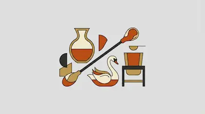 Flat illustration of a swan, a vase, and a long spoon with orange and tan geometric shapes on a gray background