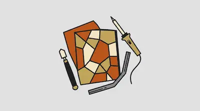Flat illustration of stained glass tools including a soldering iron, glass cutter, and mosaic tiles on a gray background