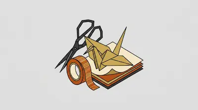 Flat illustration of a paper crane, black scissors, and a roll of patterned tape on a stack of paper